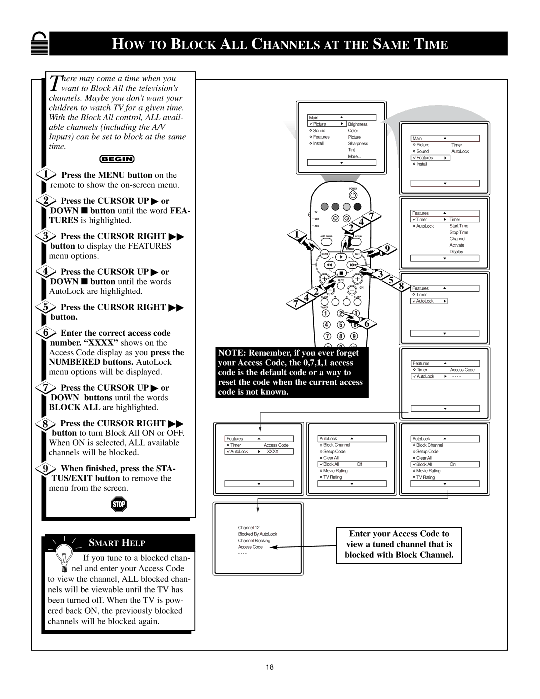 Philips 3139 125 29371 manual HOW to Block ALL Channels AT the Same Time 