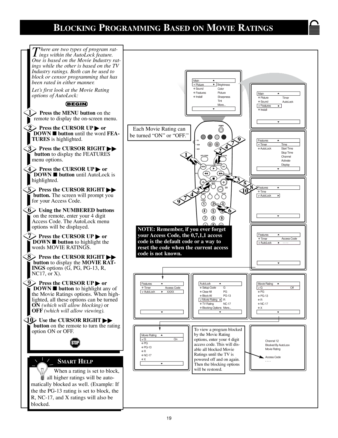 Philips 3139 125 29371 Blocking Programming Based on Movie Ratings, Press the Cursor UP or Down button until AutoLock is 