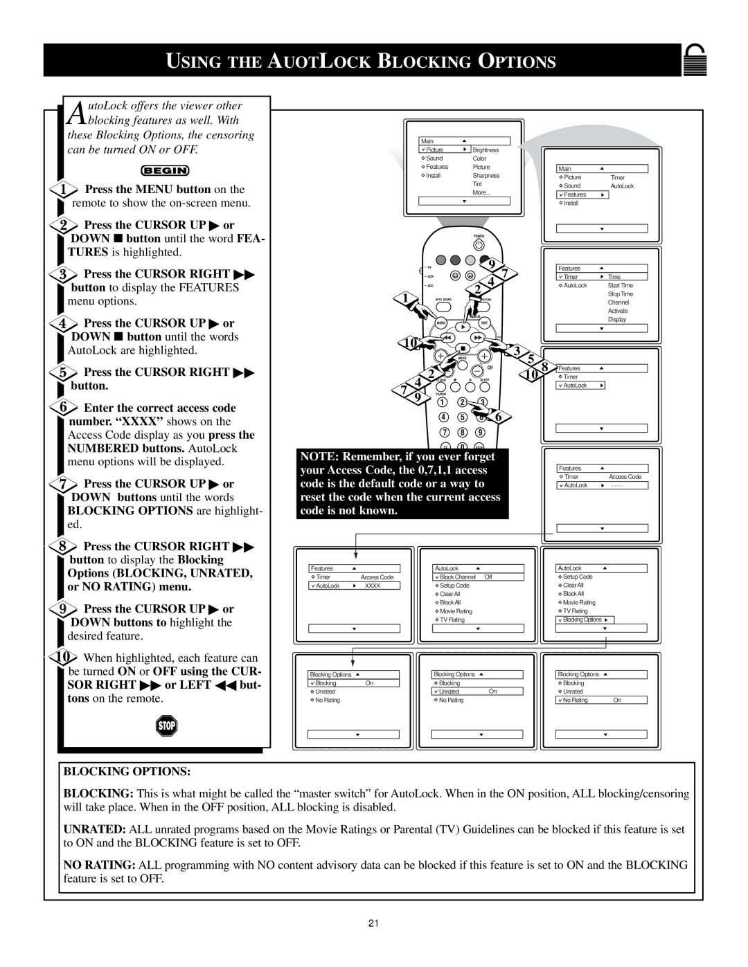 Philips 3139 125 29371 manual Using the Auotlock Blocking Options 