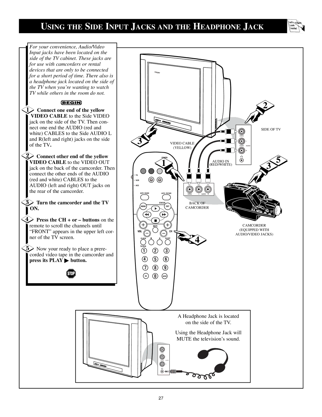 Philips 3139 125 29371 manual Using the Side Input Jacks and the Headphone Jack, Press its Play button 