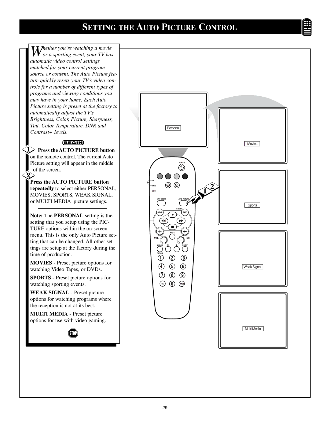 Philips 3139 125 29371 manual Setting the Auto Picture Control, Press the Auto Picture button 