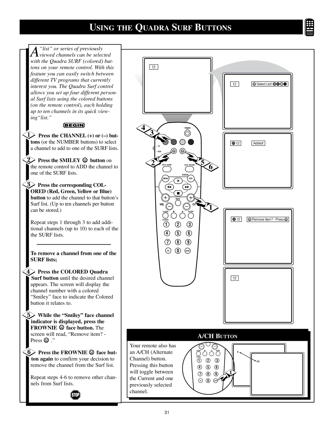 Philips 3139 125 29371 manual Using the Quadra Surf Buttons, CH Button 