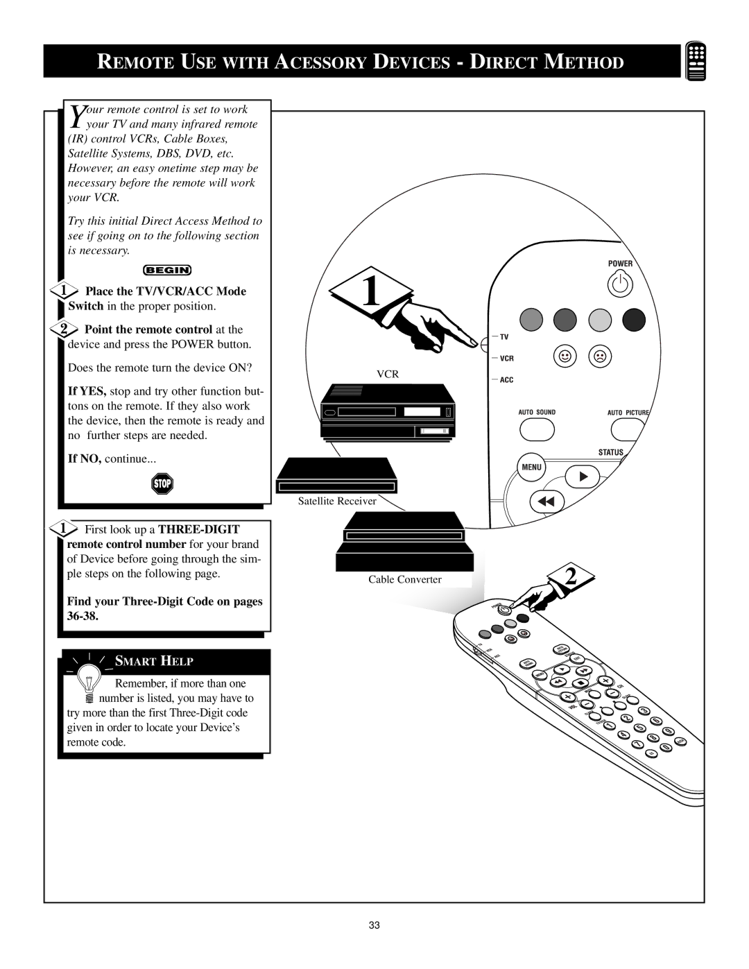 Philips 3139 125 29371 manual Place the TV/VCR/ACC Mode, Point the remote control at, Remote control number for your brand 