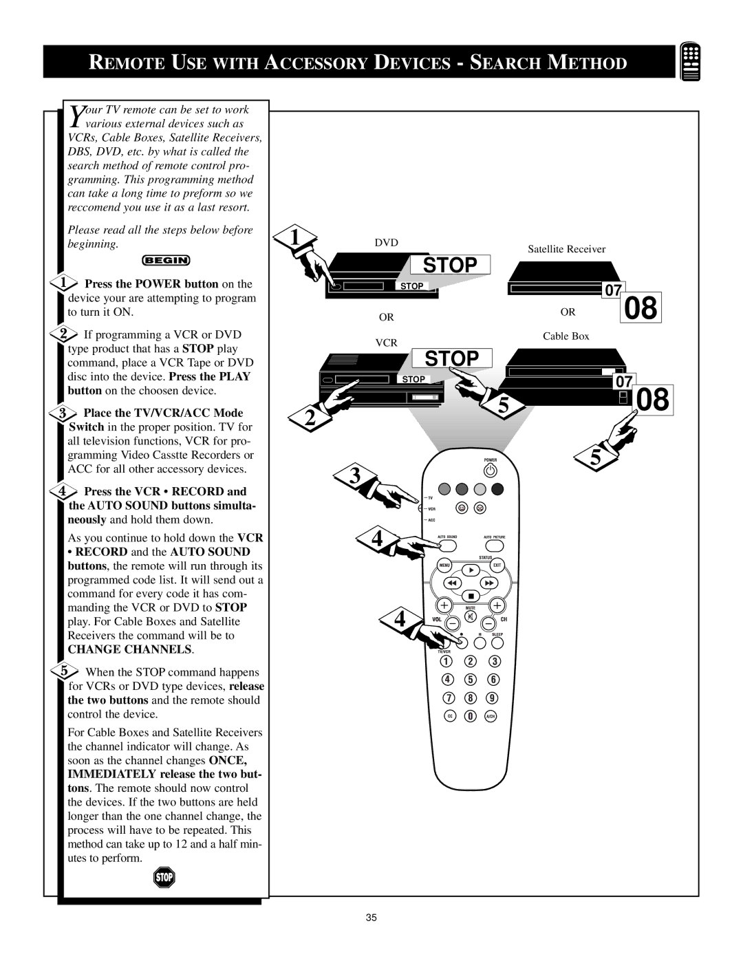 Philips 3139 125 29371 manual Remote USE with Accessory Devices Search Method, Change Channels 