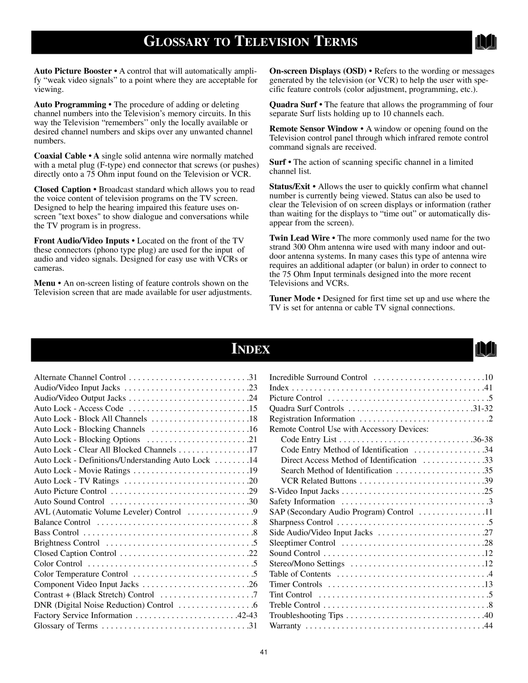 Philips 3139 125 29371 manual Glossary to Television Terms, Index 