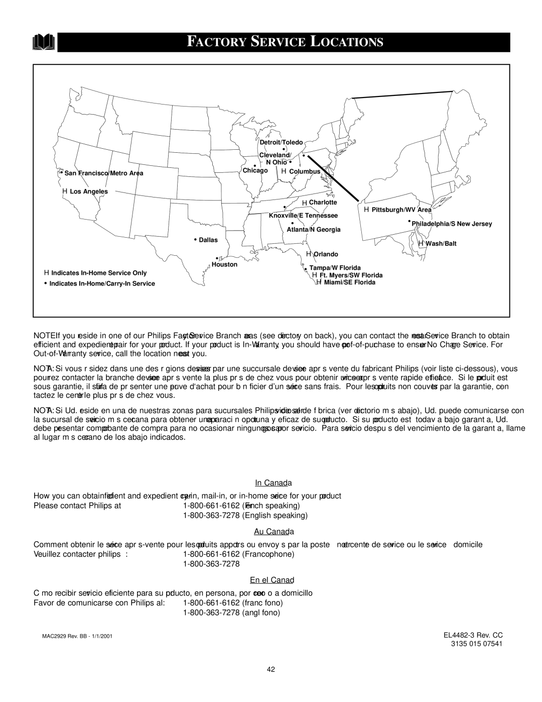 Philips 3139 125 29371 manual Factory Service Locations, Canada 