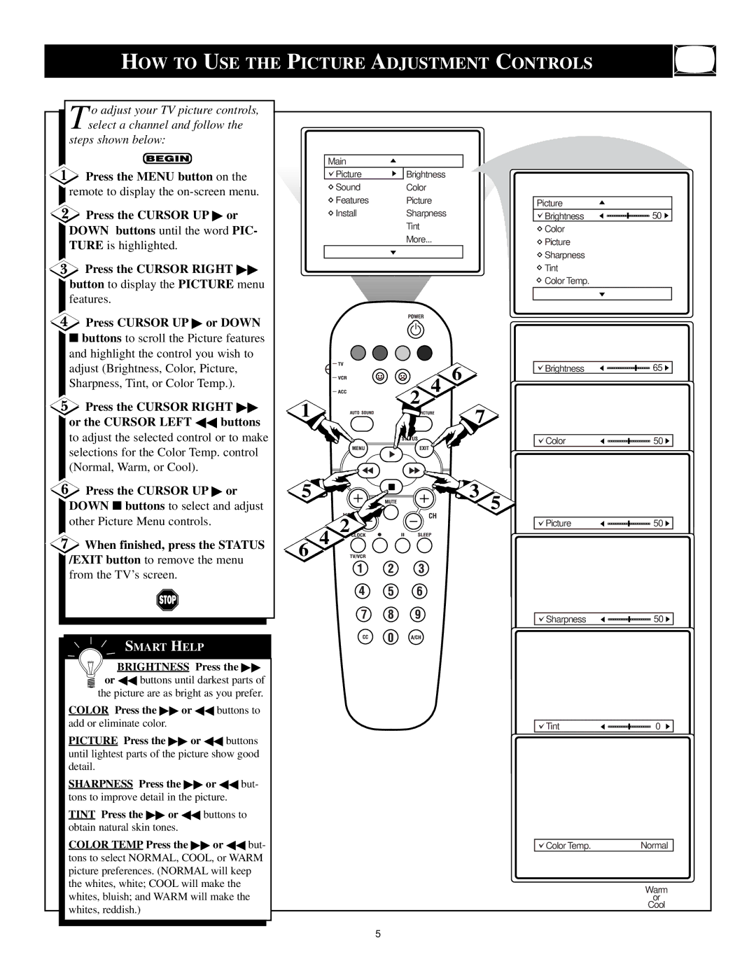 Philips 3139 125 29371 manual HOW to USE the Picture Adjustment Controls 