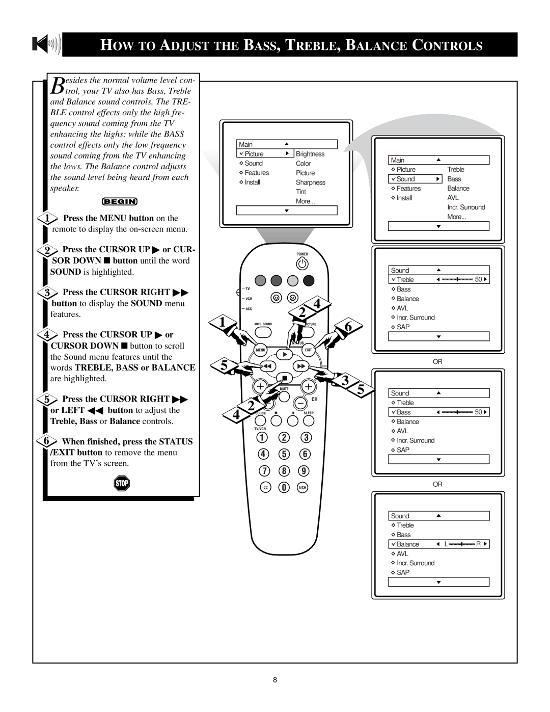 Philips 3139 125 29371 manual HOW to Adjust the Bass , Treble , Balance Controls, Words TREBLE, Bass or Balance 