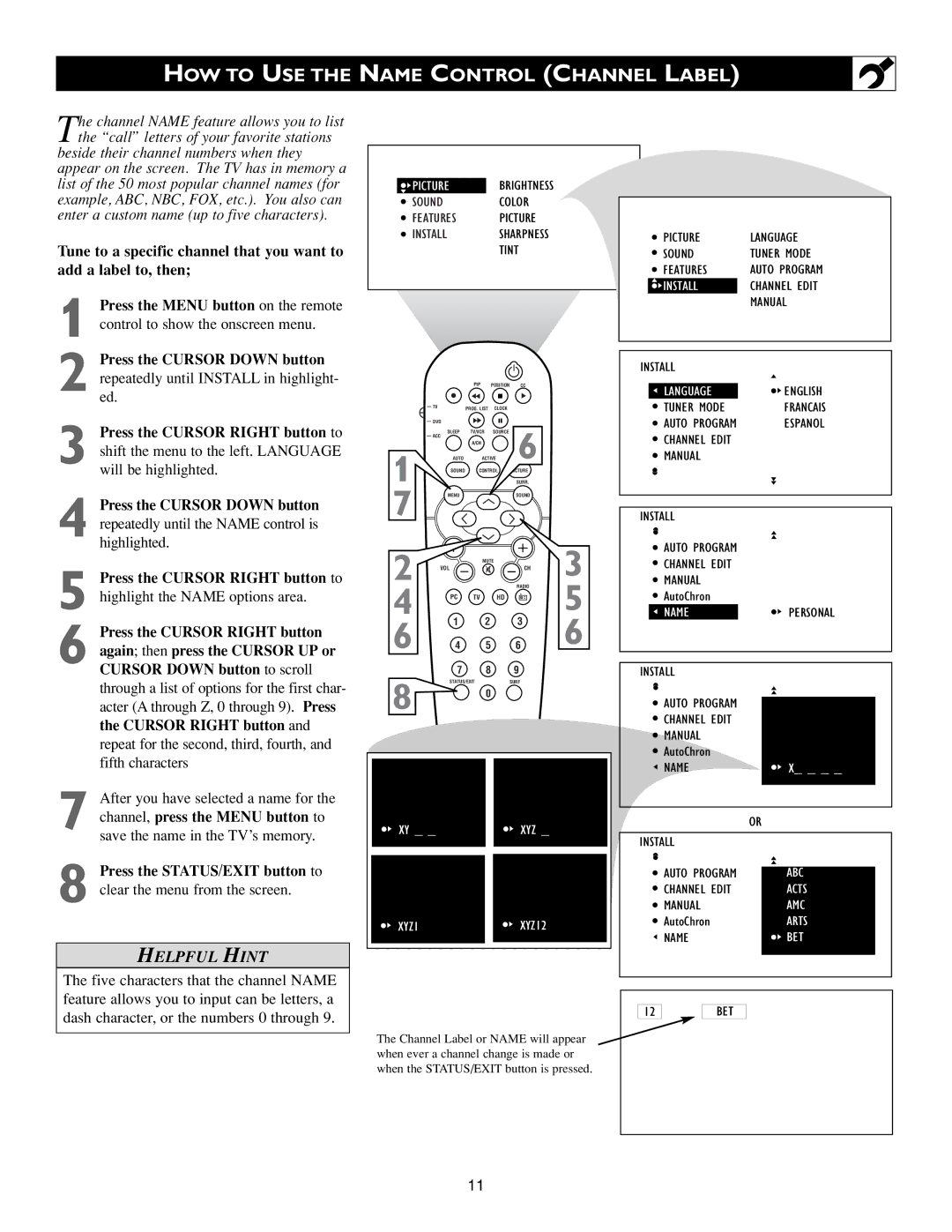 Philips 3139 125 31421 warranty HOW to USE the Name Control Channel Label, XYZ1 