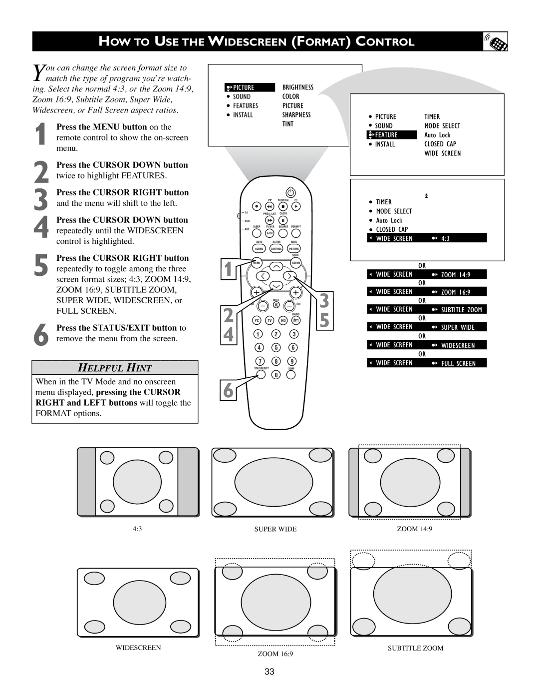 Philips 3139 125 31421 warranty HOW to USE, Widescreen Format Control 