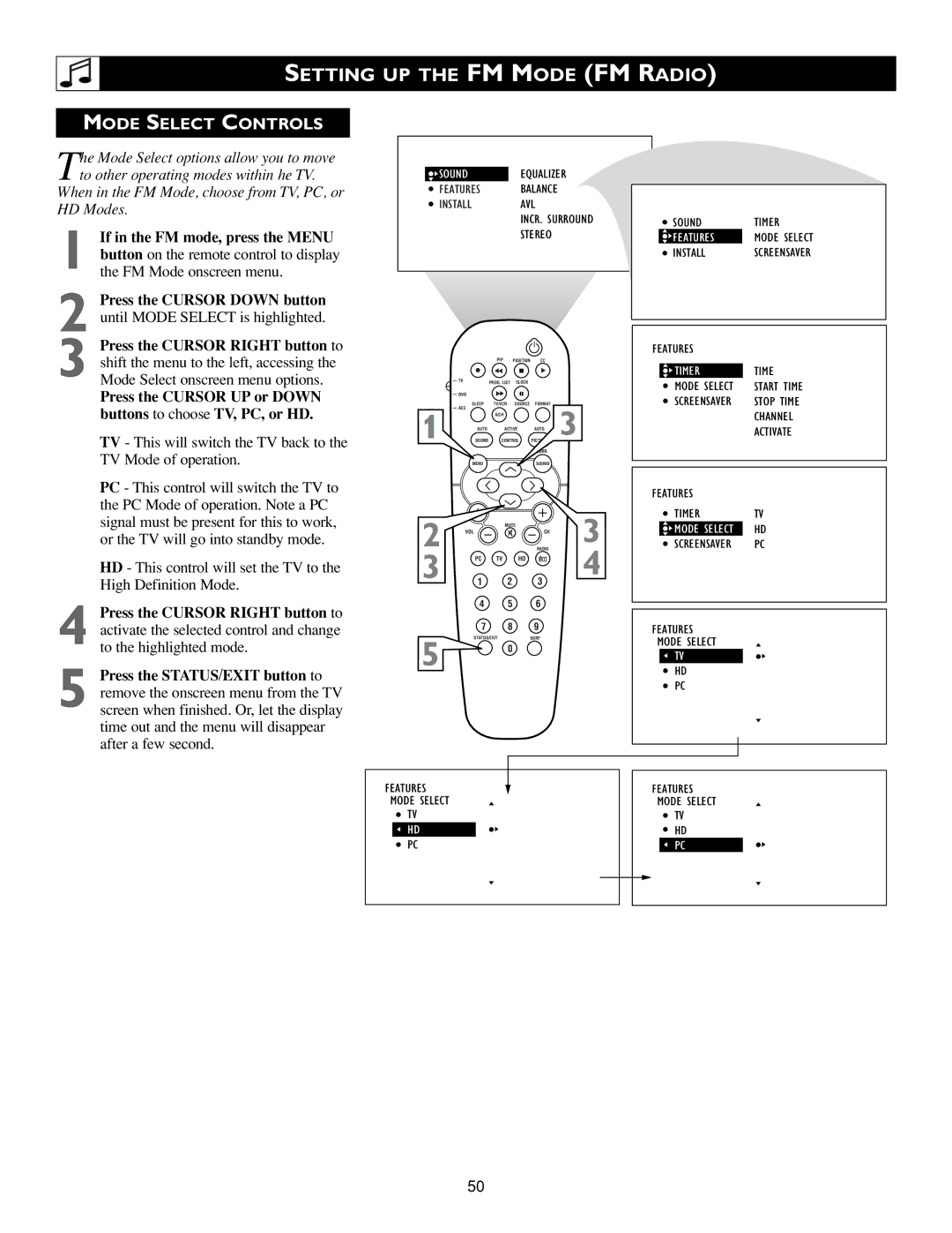 Philips 3139 125 31421 warranty Mode Select Controls, TV This will switch the TV back to the TV Mode of operation 