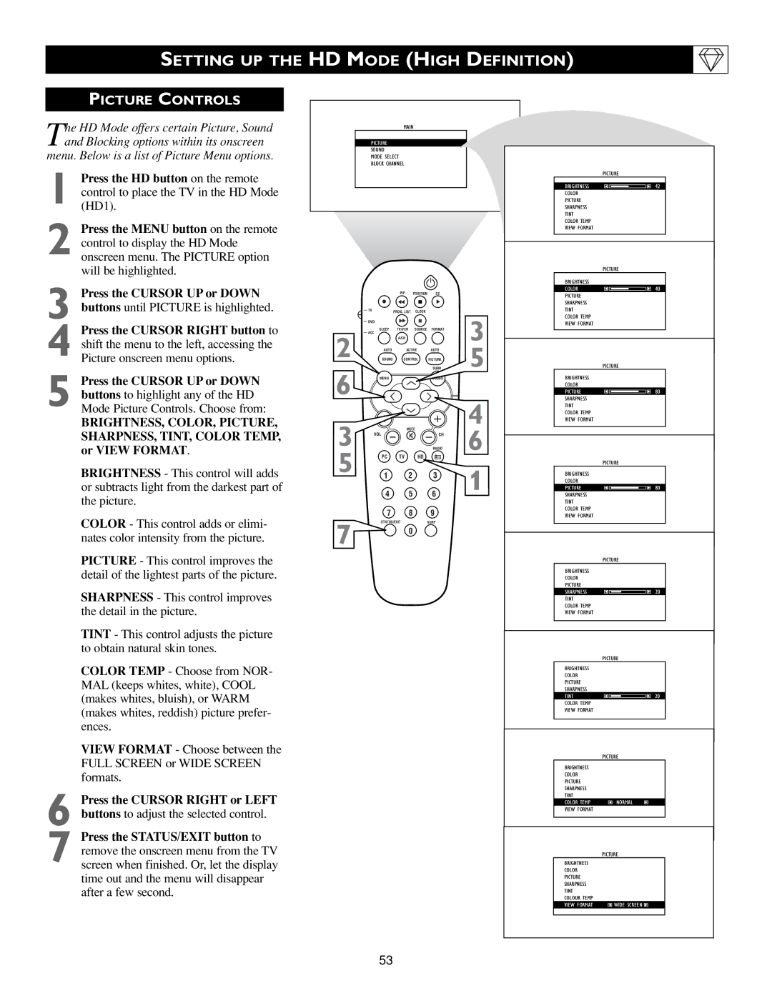 Philips 3139 125 31421 warranty Setting UP the HD Mode High Definition, Picture Controls 