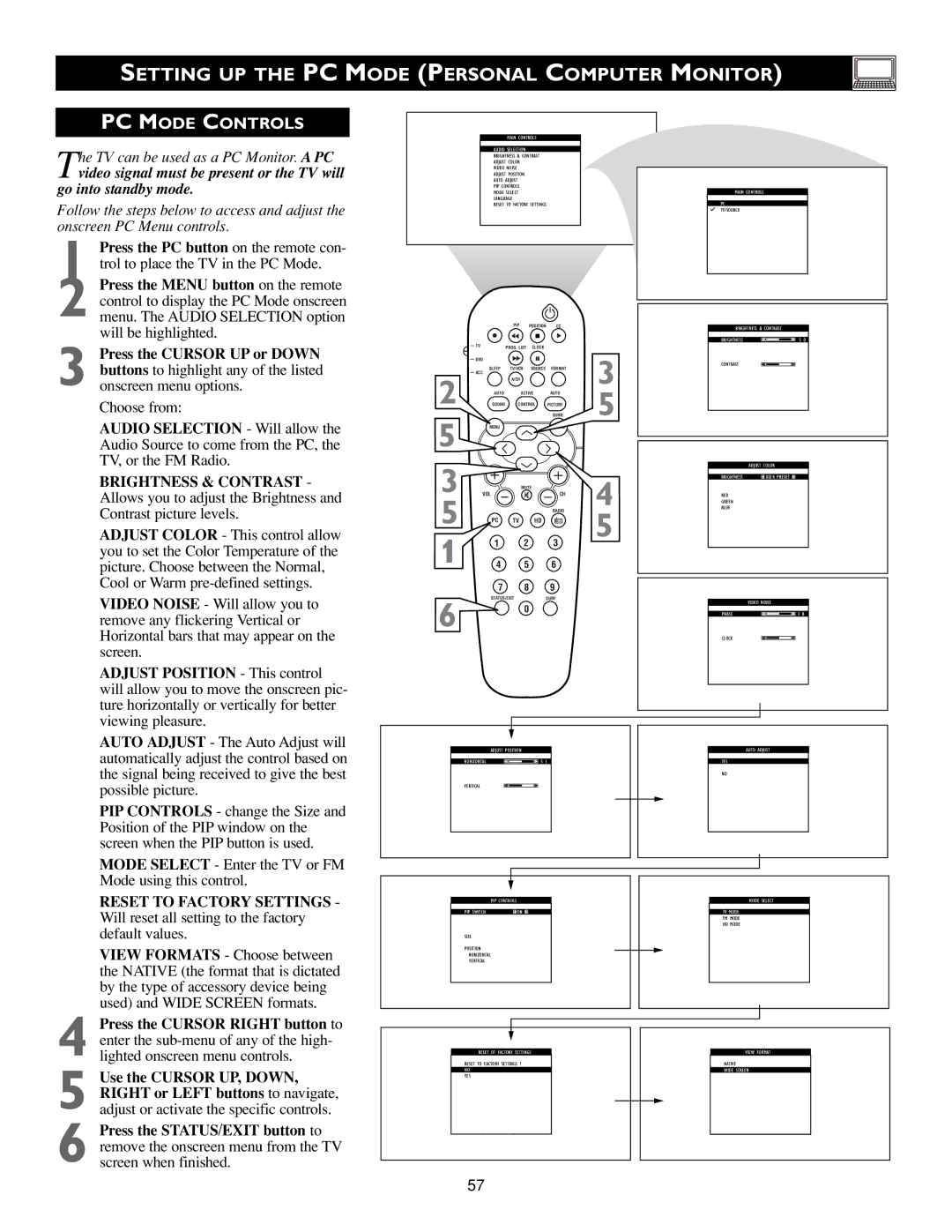 Philips 3139 125 31421 warranty Setting UP the PC Mode Personal Computer Monitor, PC Mode Controls 