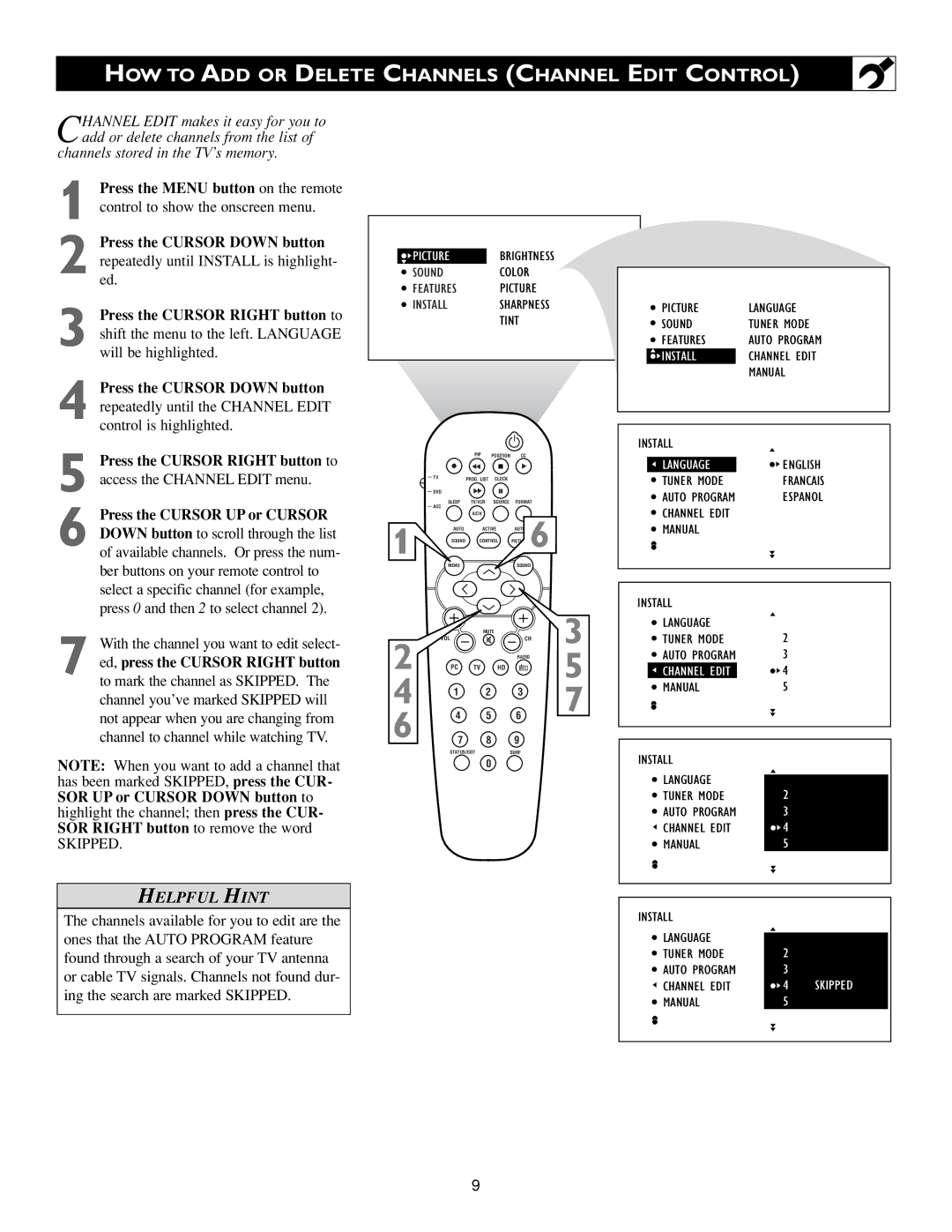 Philips 3139 125 31421 warranty HOW to ADD or Delete Channels Channel Edit Control, Skipped 