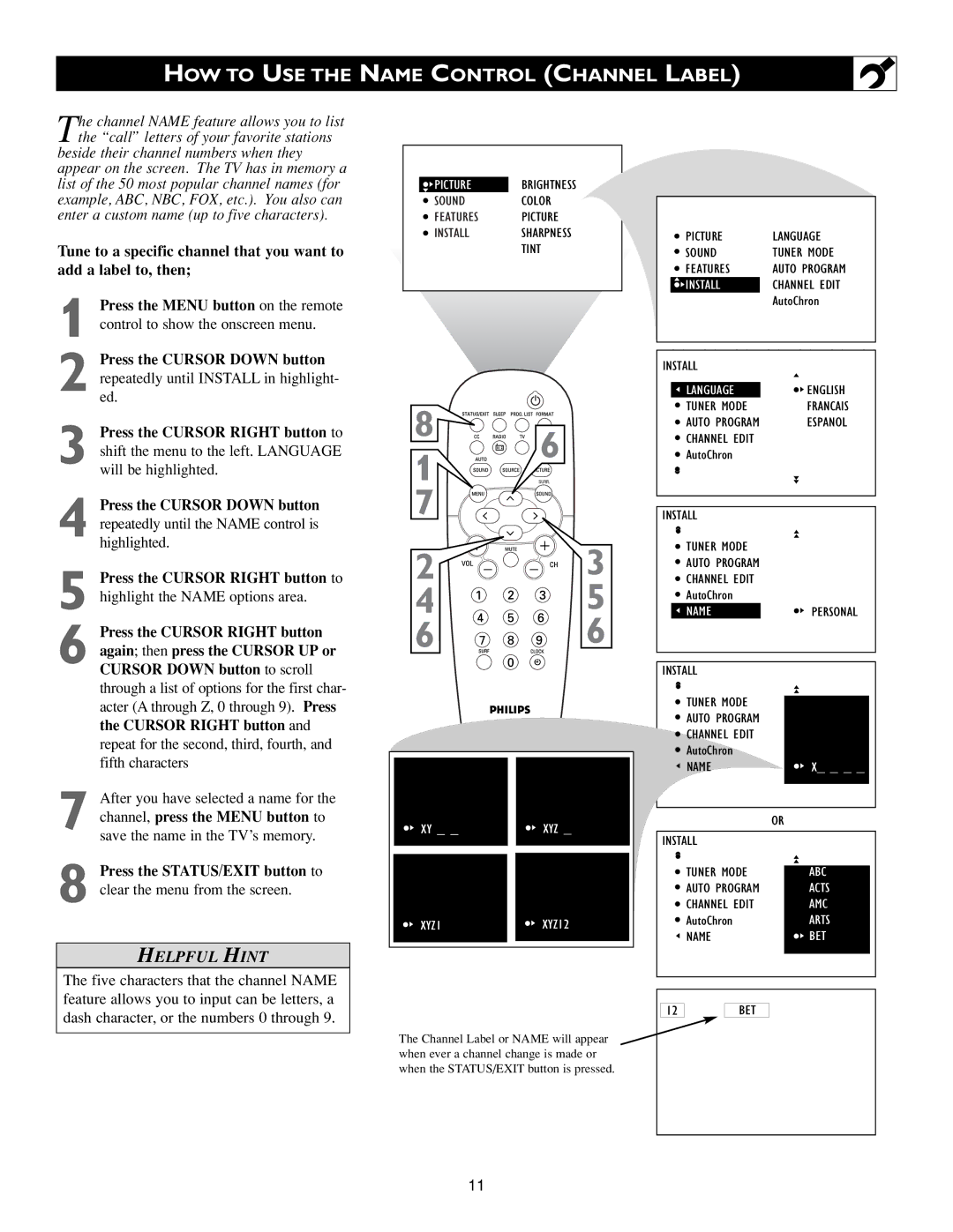 Philips 3139 125 31871 warranty HOW to USE the Name Control Channel Label, Bet 