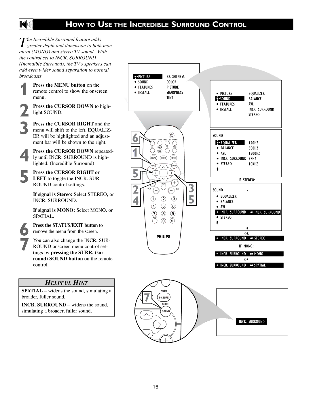 Philips 3139 125 31871 warranty HOW to USE the Incredible Surround Control, If signal is Mono Select MONO, or 