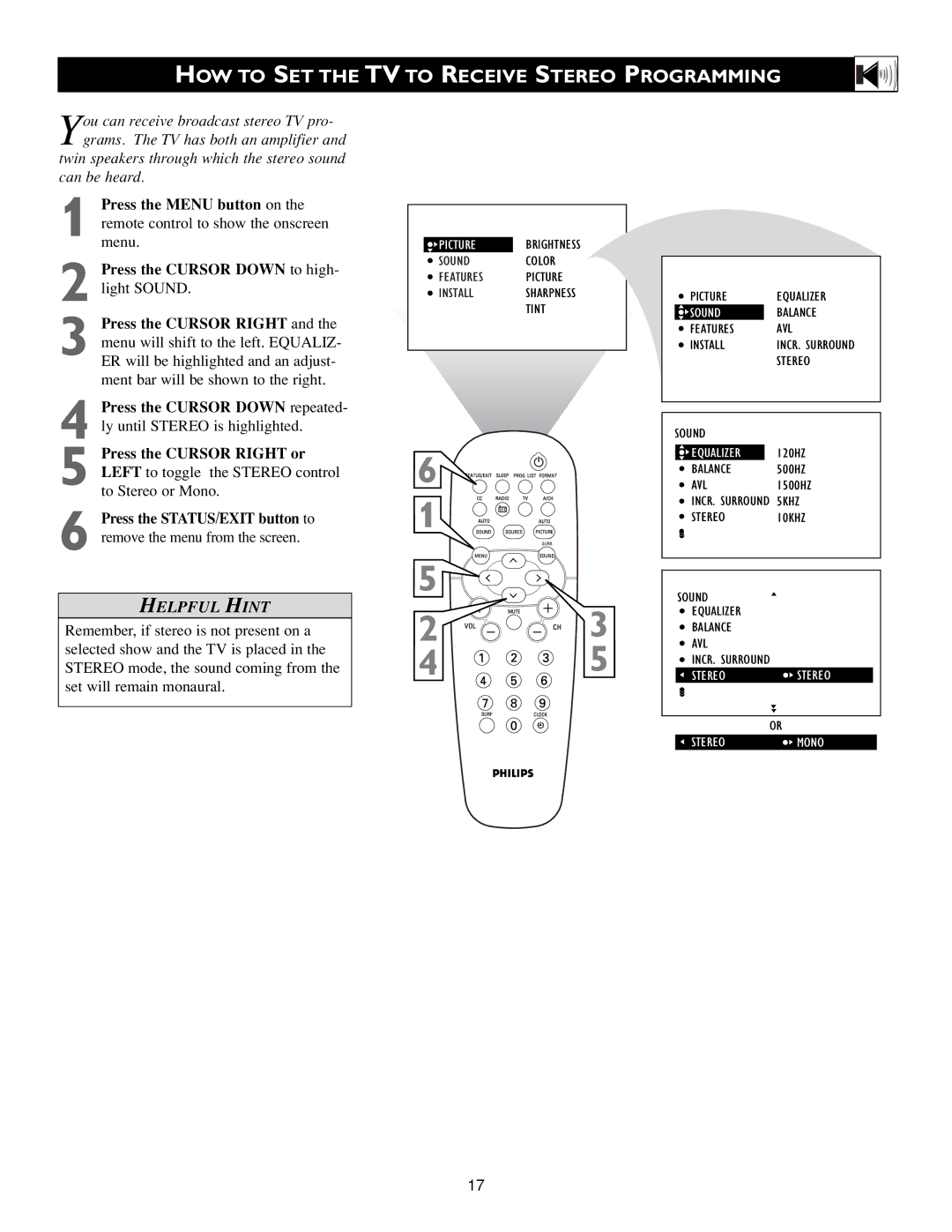 Philips 3139 125 31871 warranty HOW to SET the TV to Receive Stereo Programming 