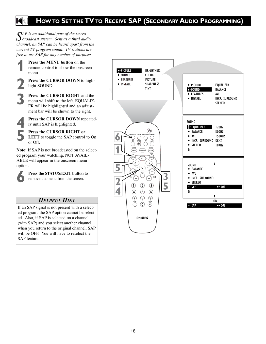 Philips 3139 125 31871 warranty HOW to SET the TV to Receive SAP Secondary Audio Programming 