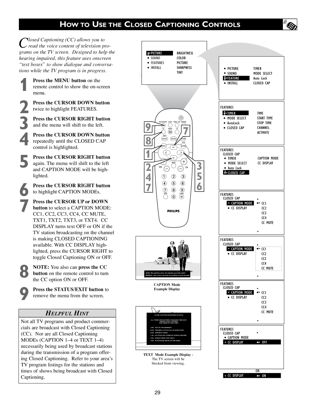 Philips 3139 125 31871 warranty HOW to USE the Closed Captioning Controls, Installsharpness Tint 