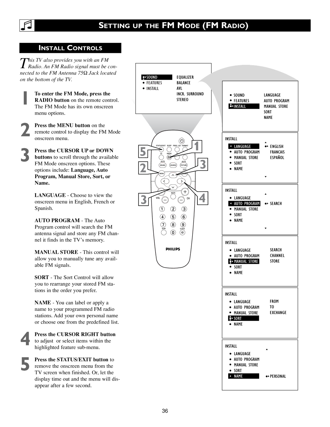 Philips 3139 125 31871 warranty Setting UP the FM Mode FM Radio, Install Controls 