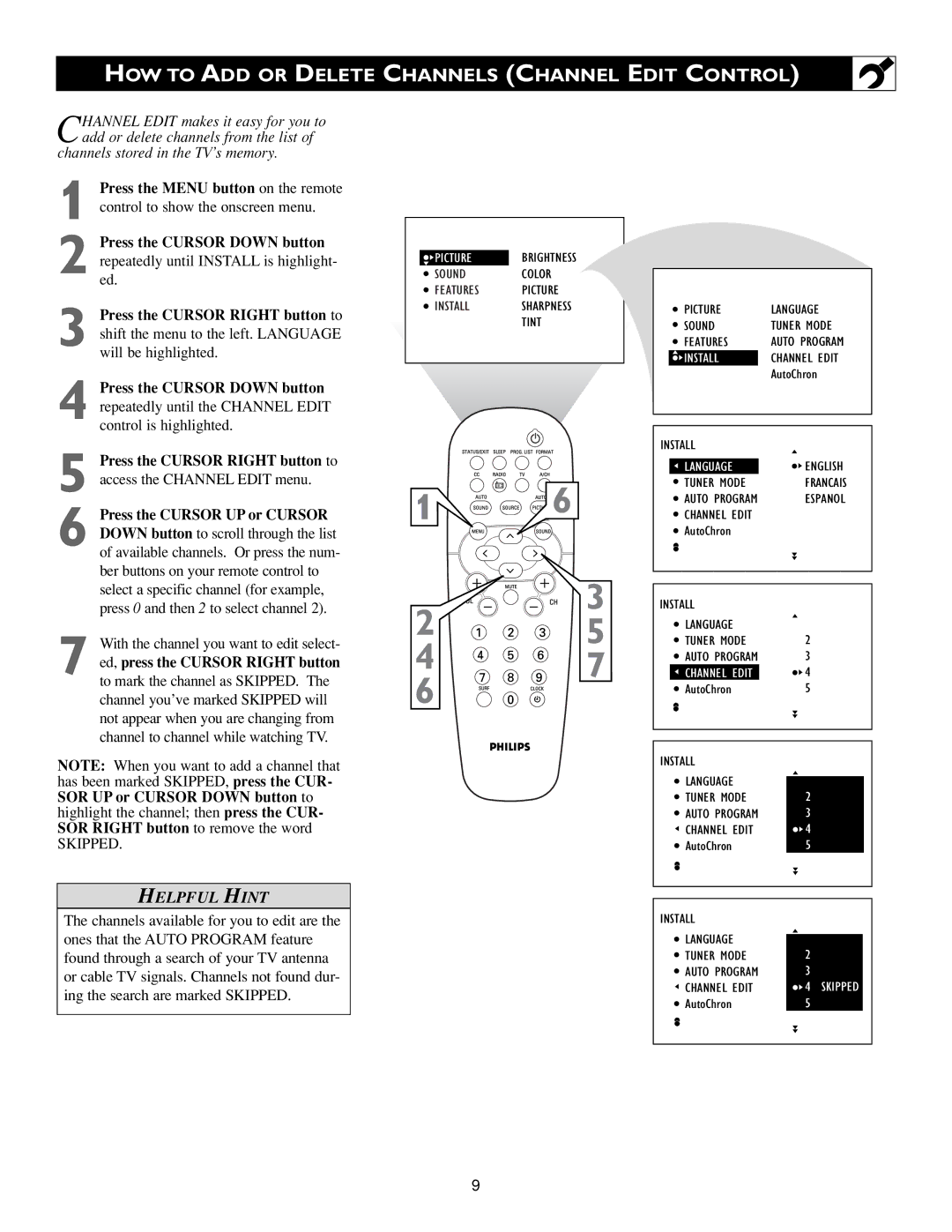 Philips 3139 125 31871 warranty HOW to ADD or Delete Channels Channel Edit Control 