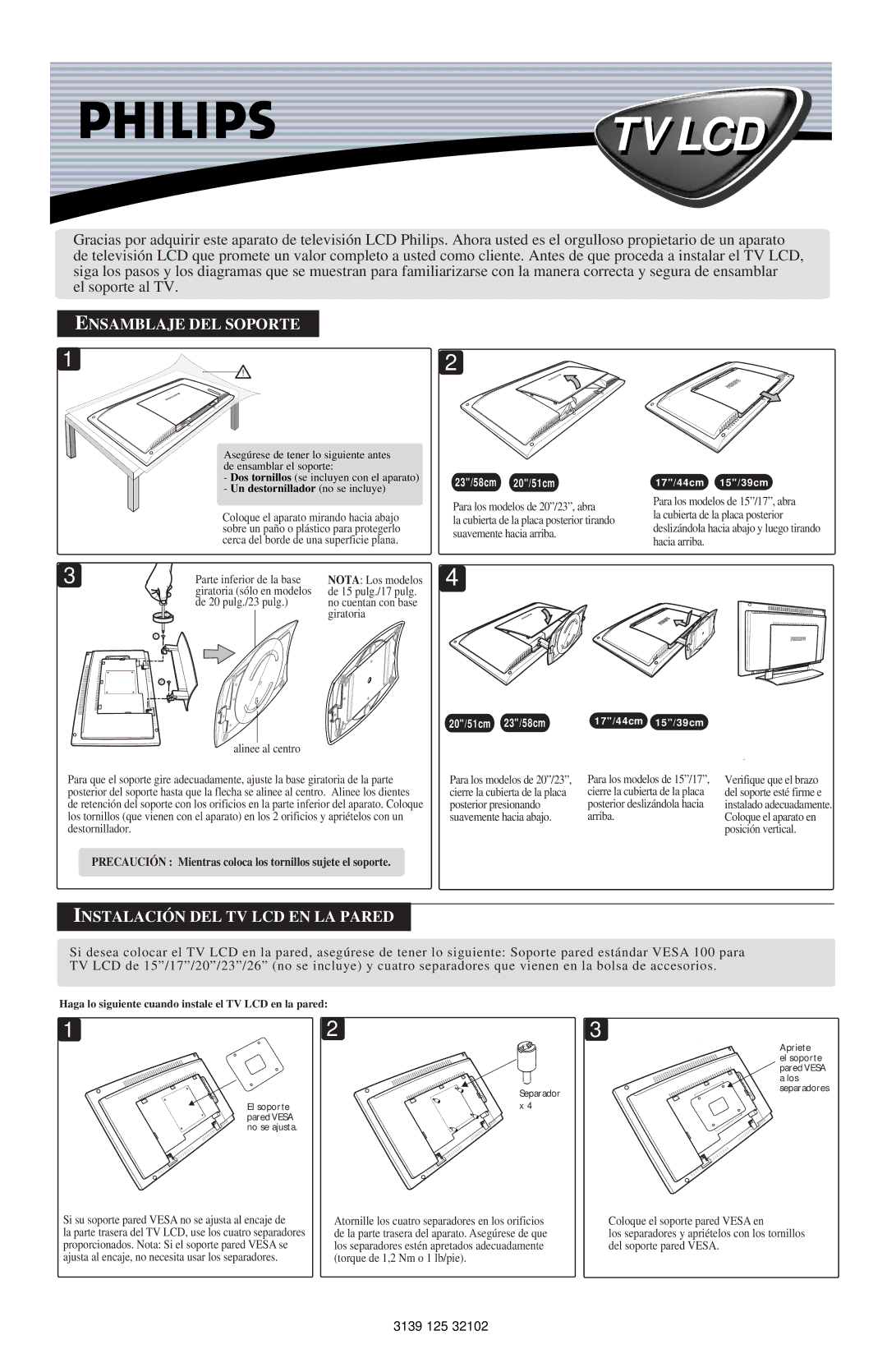 Philips 3139 125 32102 manual Tv Lcd, Un destornillador no se incluye 