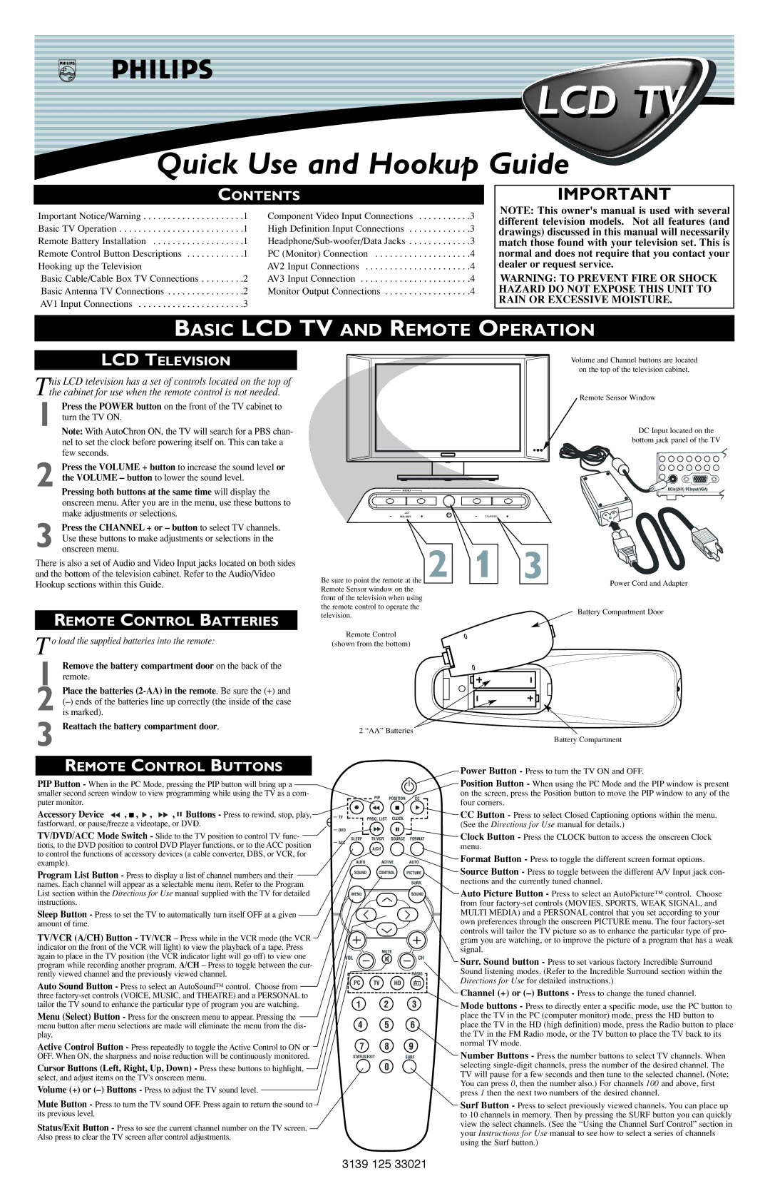 Philips 3139 125 33021 owner manual Basic LCD TV and Remote Operation, Contents, LCD Television, Remote Control Batteries 