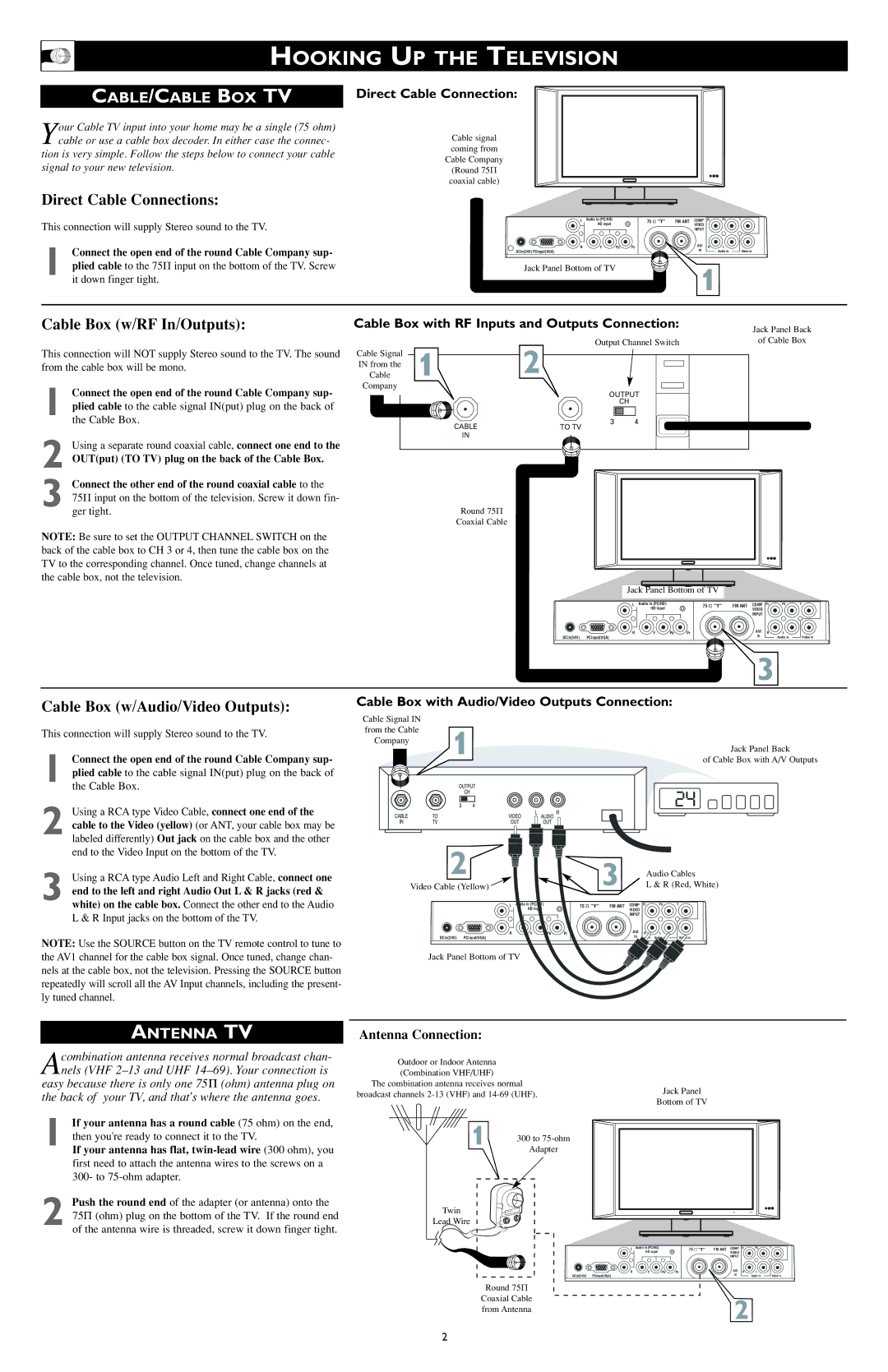 Philips 3139 125 33021 owner manual Hooking UP the Television, Cable /CABLE BOX TV, Antenna TV, Antenna Connection 