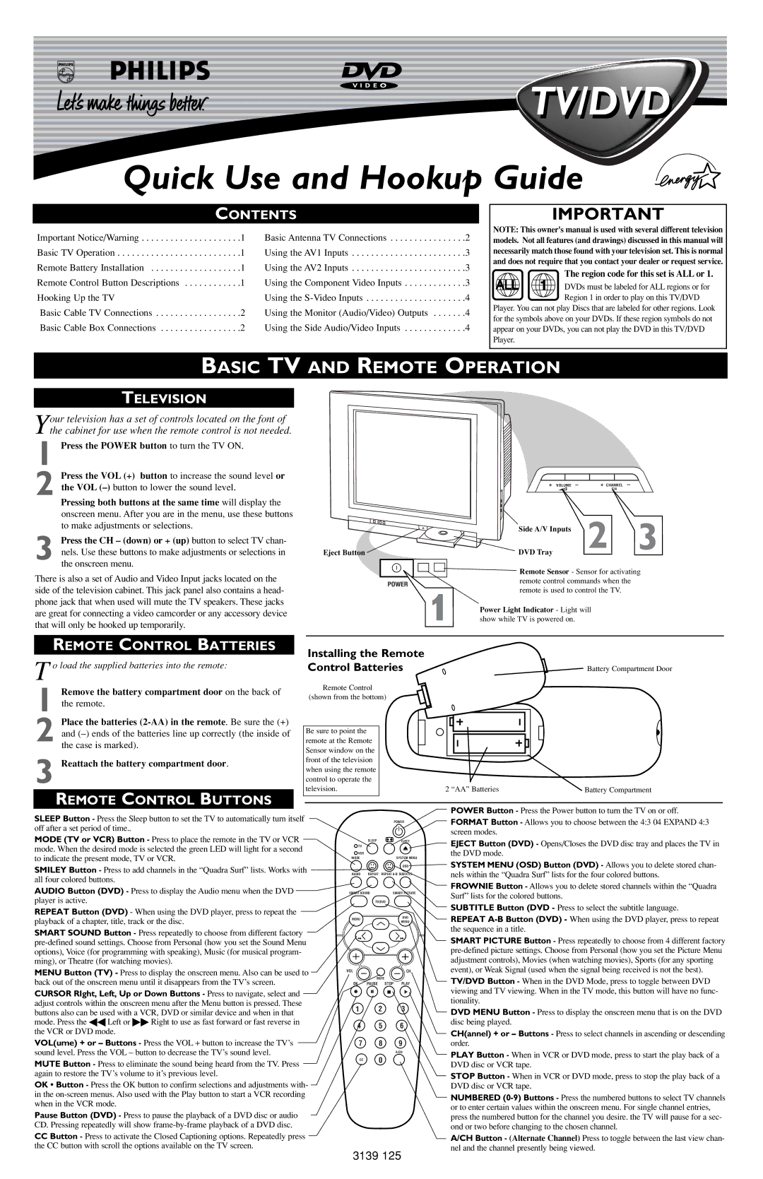 Philips 3139 125 owner manual Basic TV and Remote Operation, Contents, Television, Remote Control Batteries 