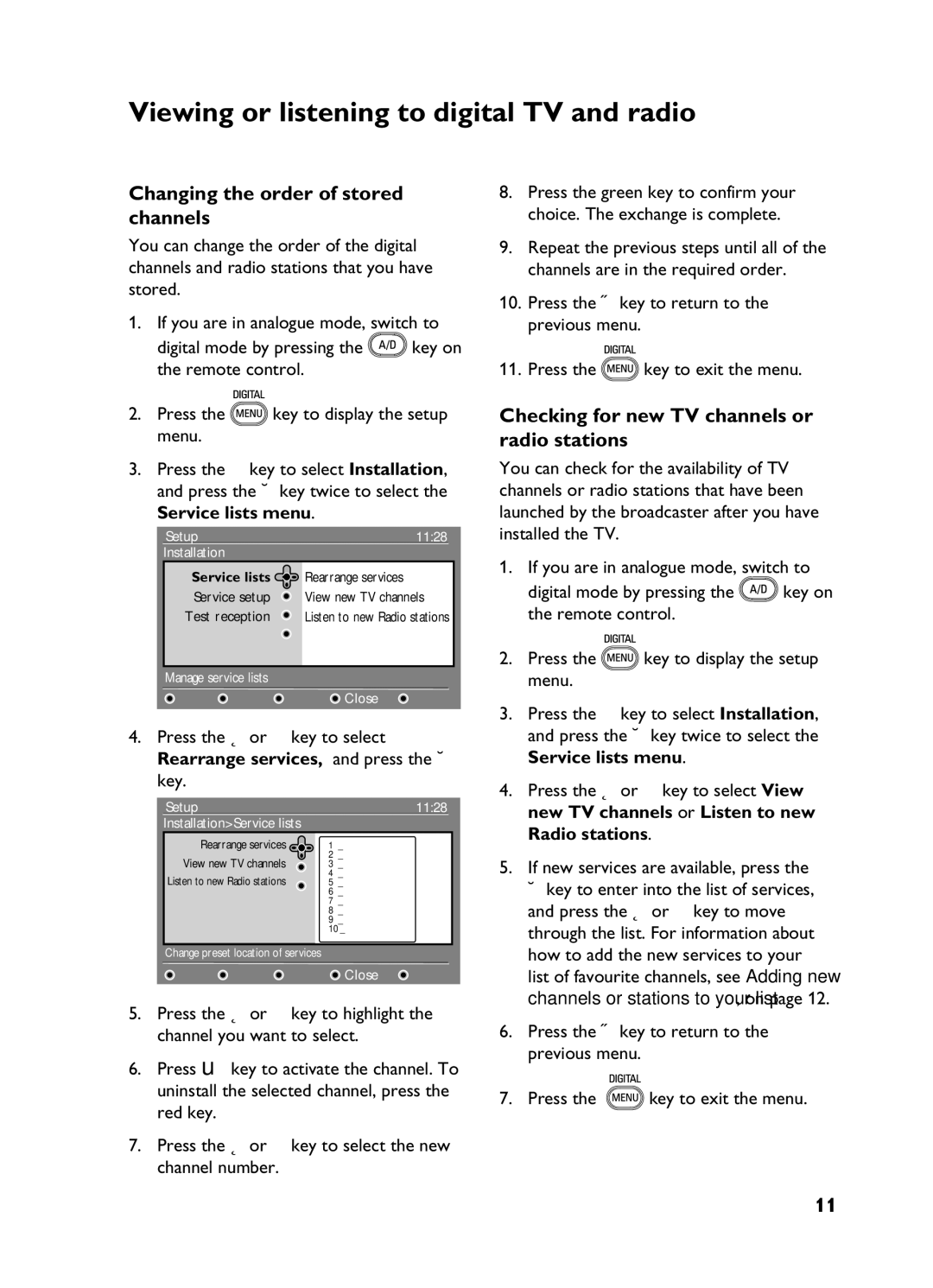 Philips 3139 user manual Viewing or listening to digital TV and radio, Changing the order of stored Channels 