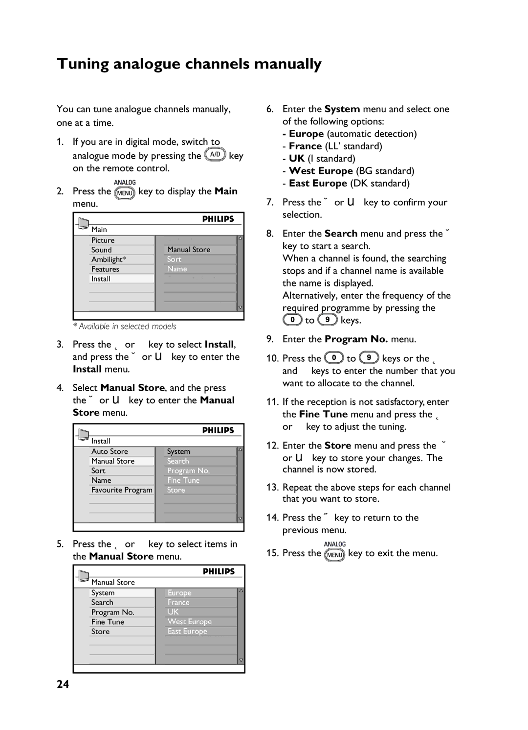 Philips 3139 user manual Tuning analogue channels manually 