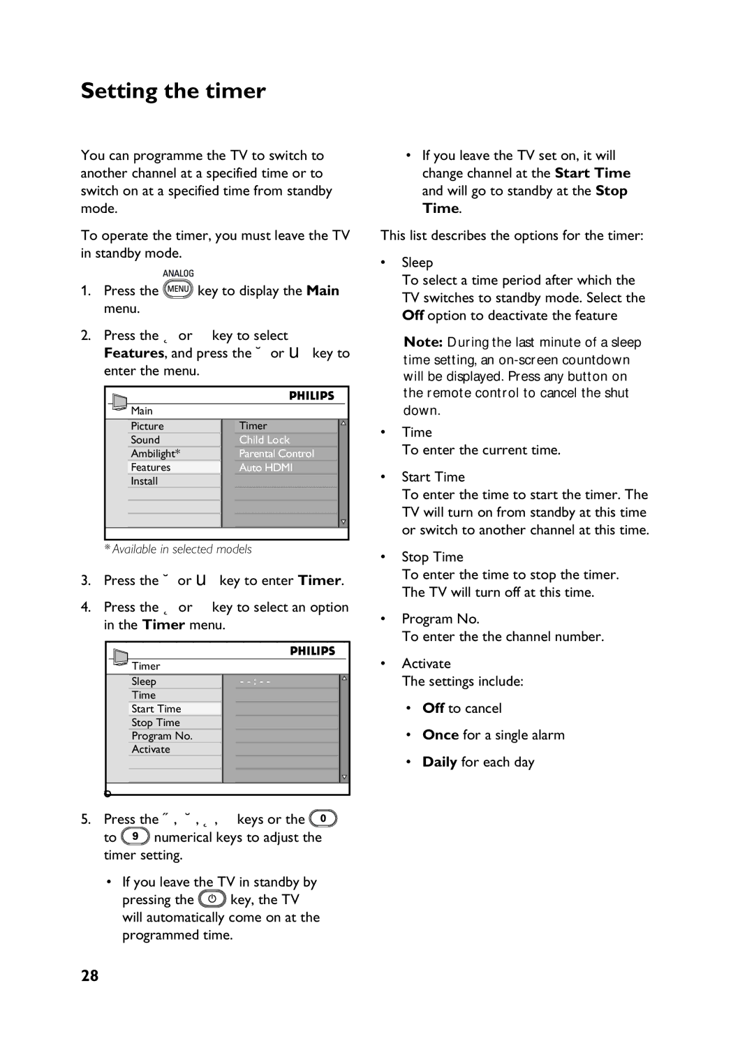 Philips 3139 user manual Setting the timer, Time To enter the current time Start Time, Stop Time 