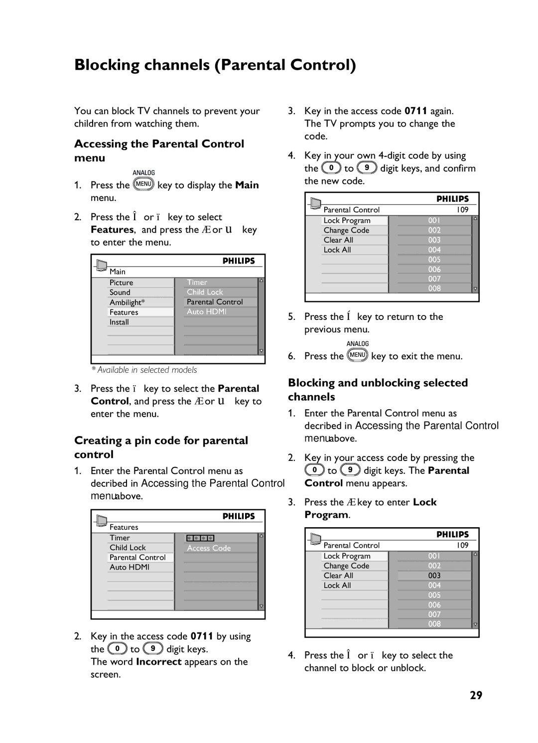 Philips 3139 user manual Blocking channels Parental Control, Accessing the Parental Control menu 