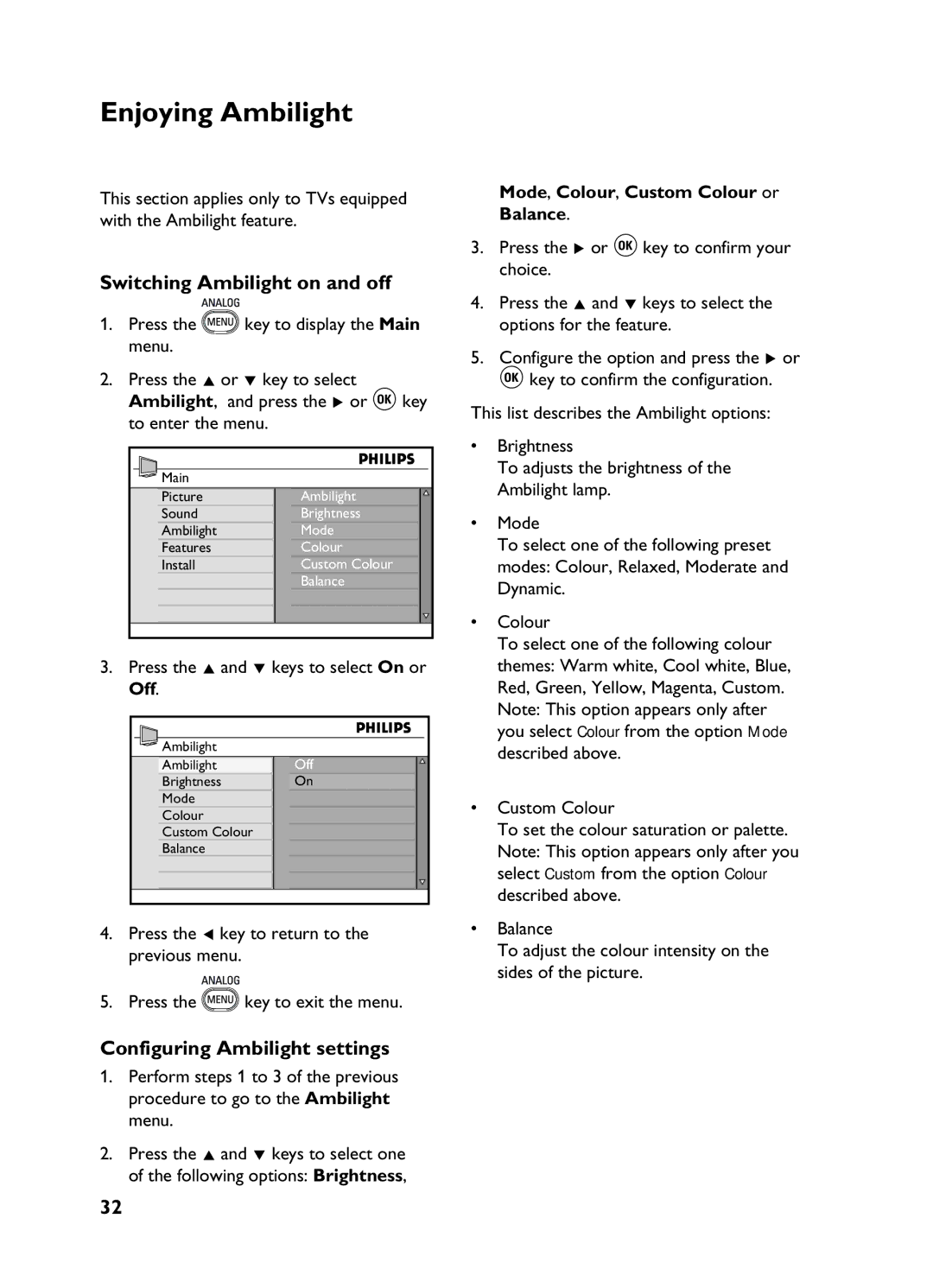 Philips 3139 user manual Enjoying Ambilight, Switching Ambilight on and off, Configuring Ambilight settings 