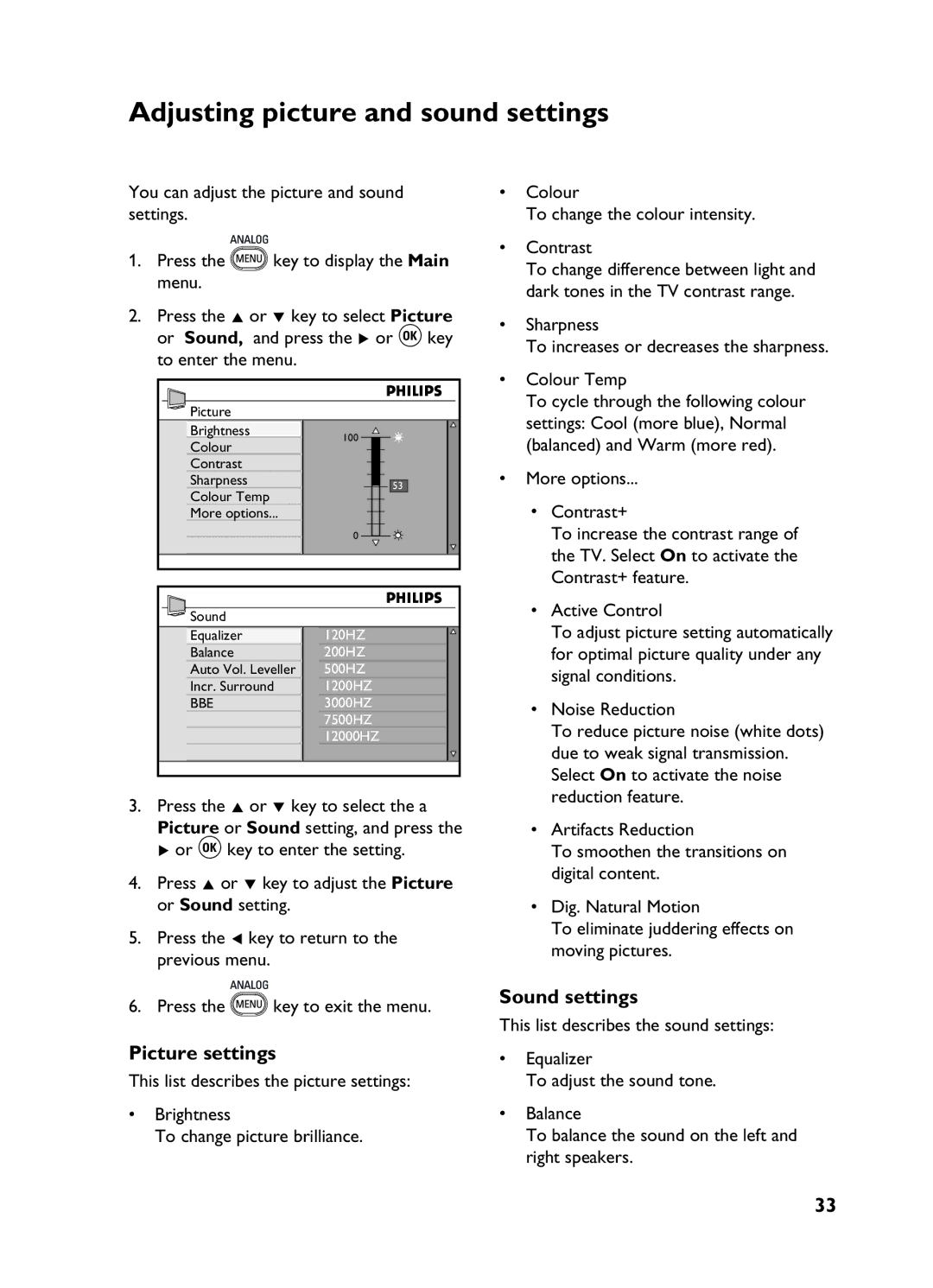 Philips 3139 user manual Adjusting picture and sound settings, Picture settings, Sound settings, Noise Reduction 