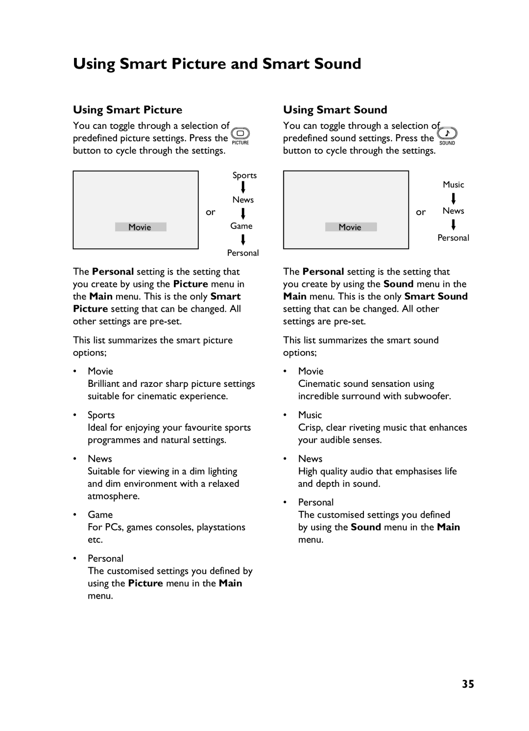 Philips 3139 Using Smart Picture and Smart Sound, Using Smart Sound, This list summarizes the smart picture options Movie 