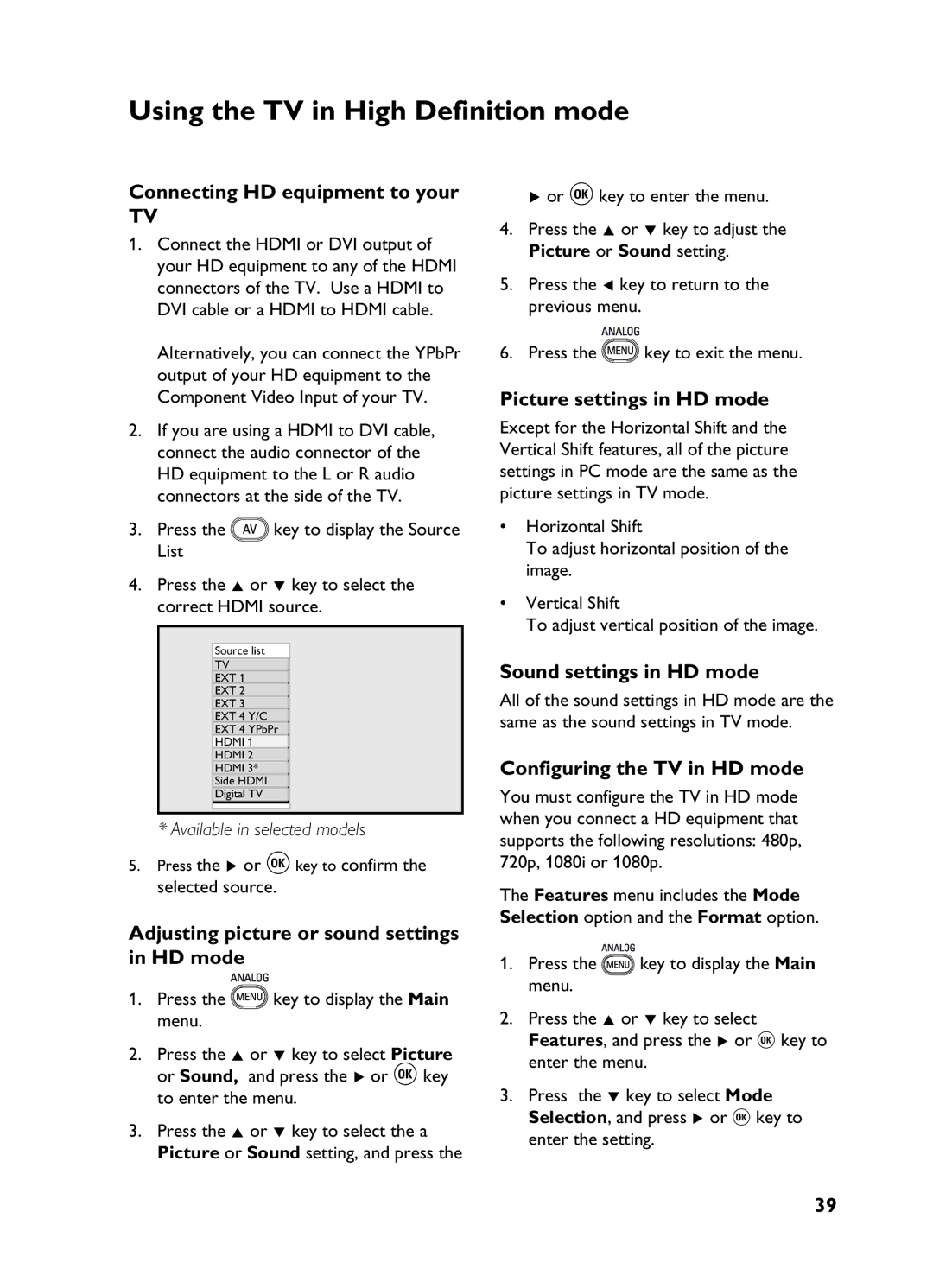 Philips 3139 user manual Using the TV in High Definition mode 