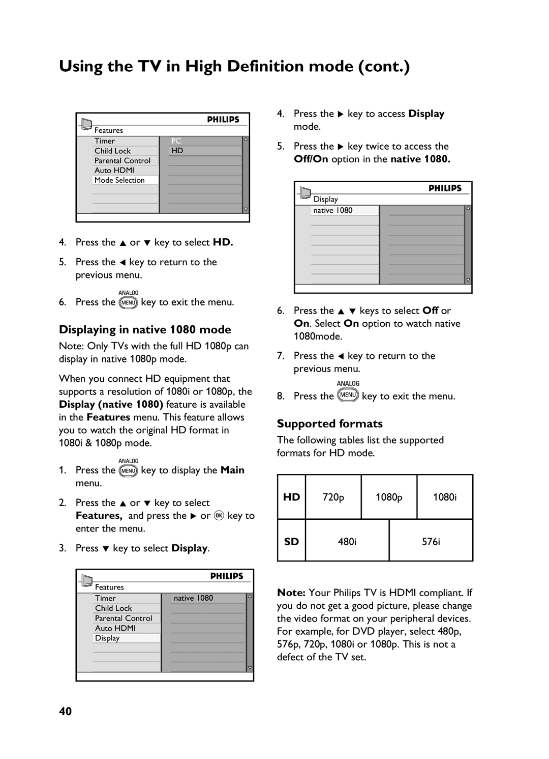 Philips 3139 user manual Displaying in native 1080 mode, Supported formats 