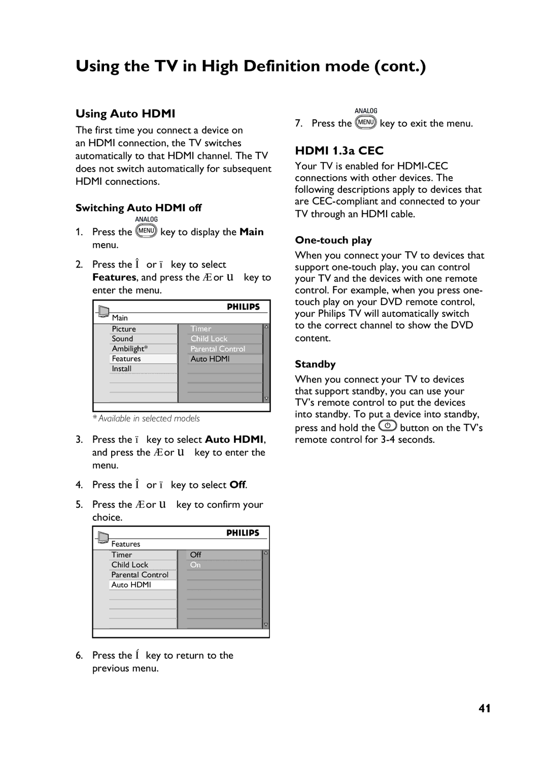 Philips 3139 user manual Using Auto Hdmi, Hdmi 1.3a CEC, Switching Auto Hdmi off, One-touch play 