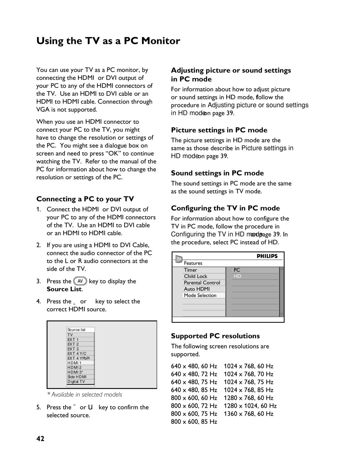 Philips 3139 user manual Using the TV as a PC Monitor 