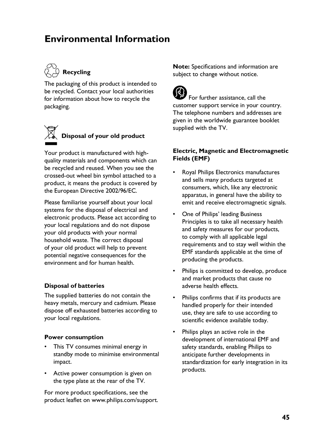 Philips 3139 user manual Environmental Information 