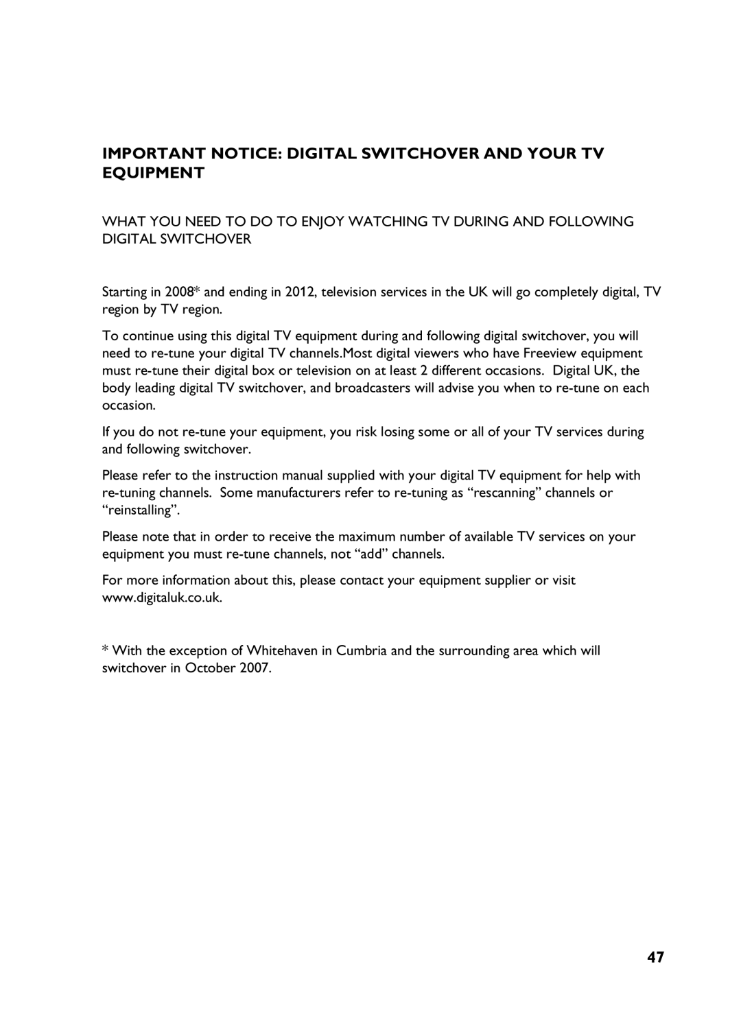 Philips 3139 user manual Important Notice Digital Switchover and Your TV Equipment 