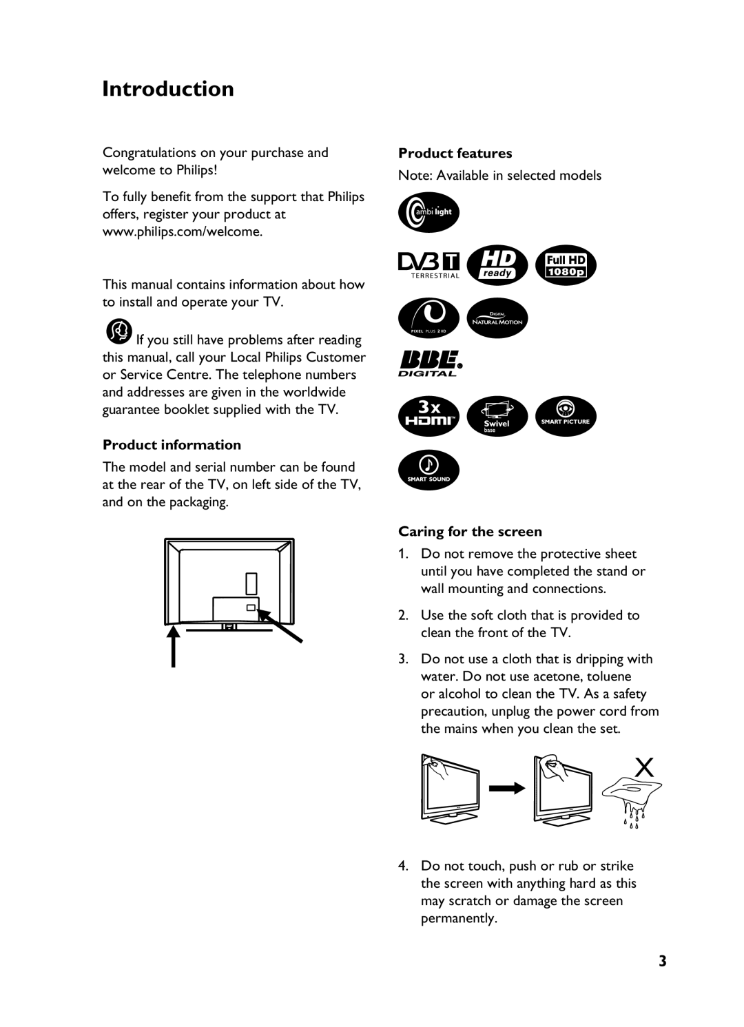 Philips 3139 user manual Introduction, Product information, Product features Caring for the screen 