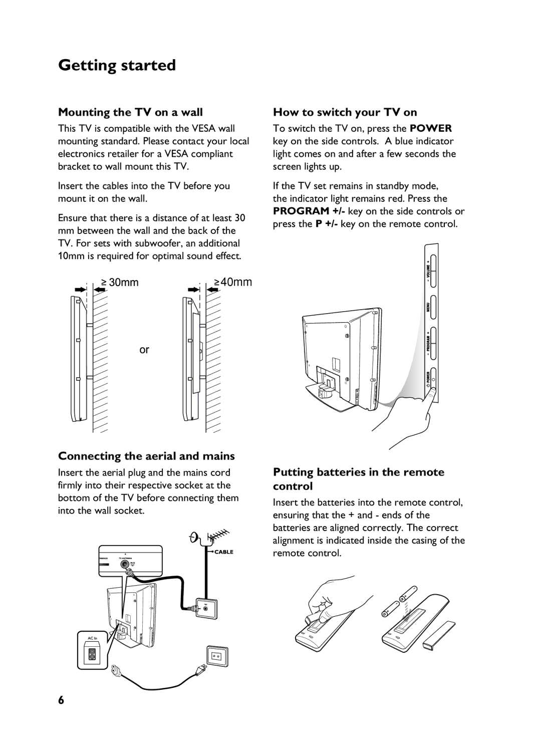 Philips 3139 Getting started, Mounting the TV on a wall, Connecting the aerial and mains, How to switch your TV on 