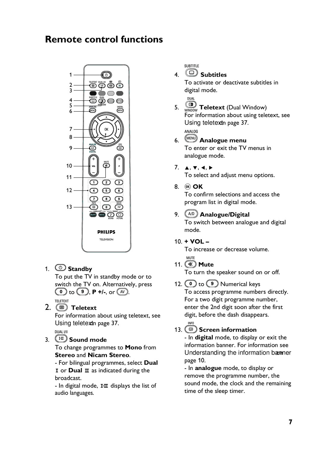 Philips 3139 user manual Remote control functions 