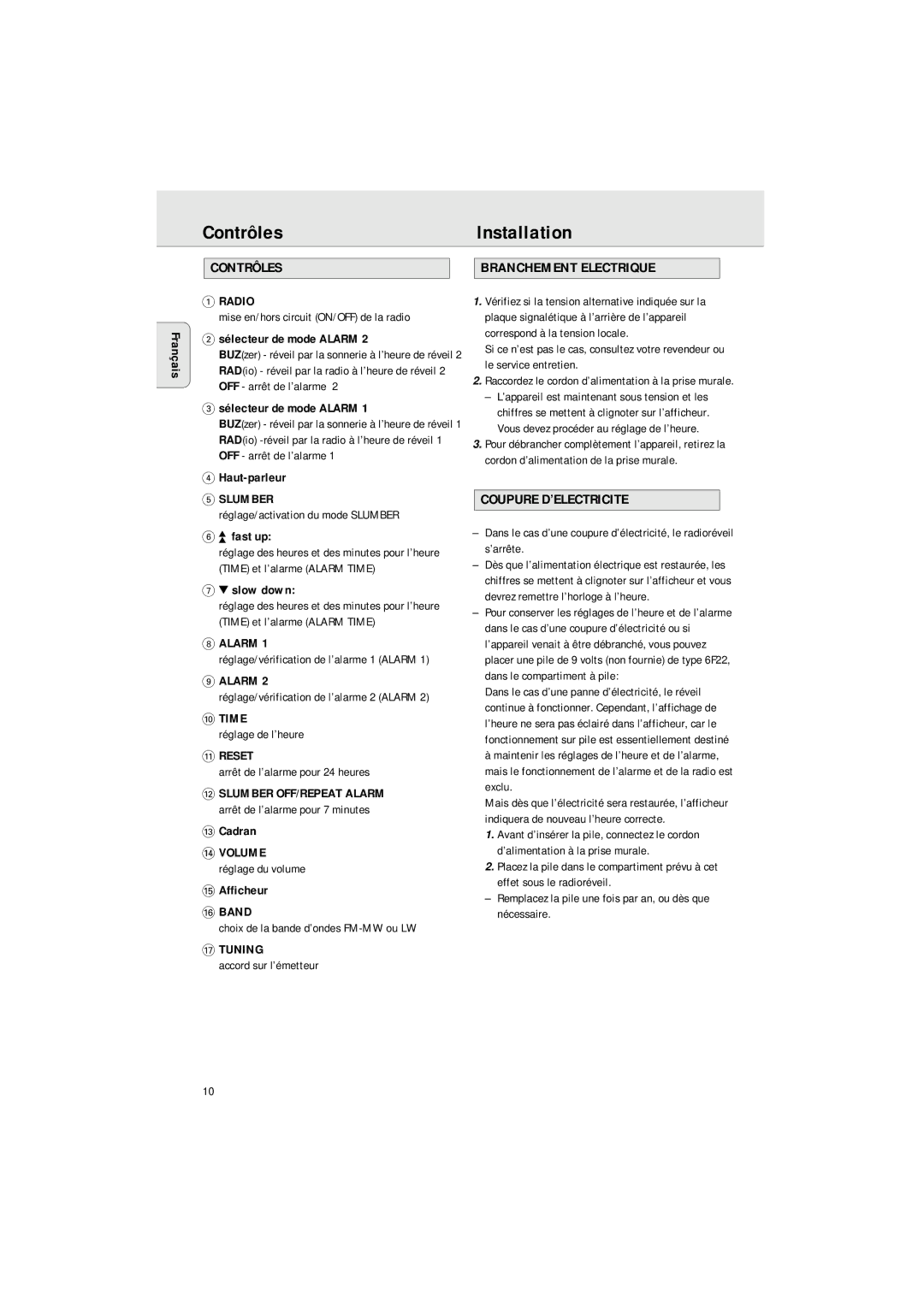 Philips AJ 3140 FAMILY manual ContrôlesInstallation, Contrôles Branchement Electrique, Coupure D’ELECTRICITE 