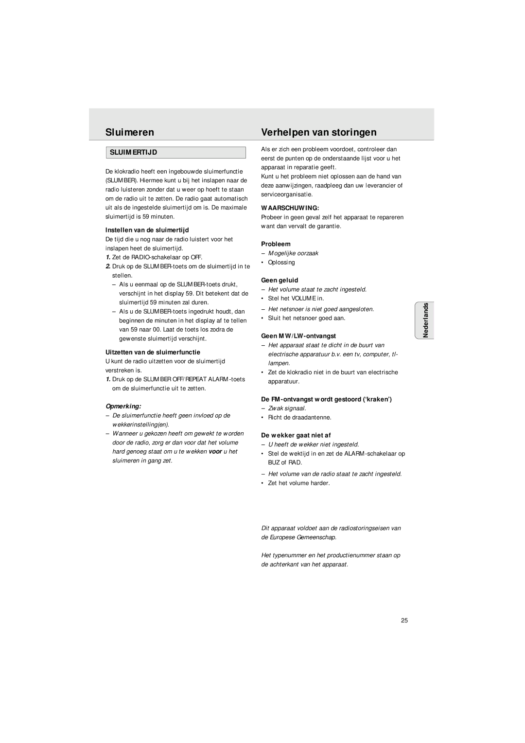 Philips AJ 3140 FAMILY manual Sluimeren Verhelpen van storingen, Sluimertijd, Opmerking, Waarschuwing 