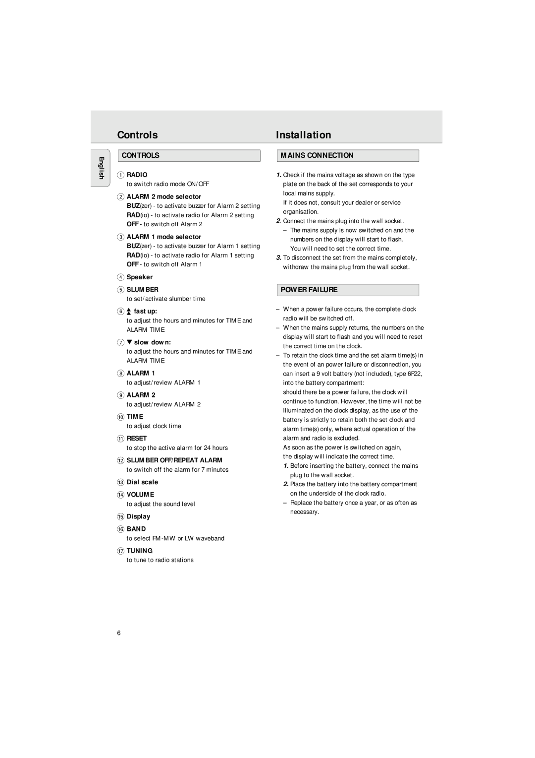 Philips AJ 3140 FAMILY manual ControlsInstallation, Mains Connection, Power Failure 