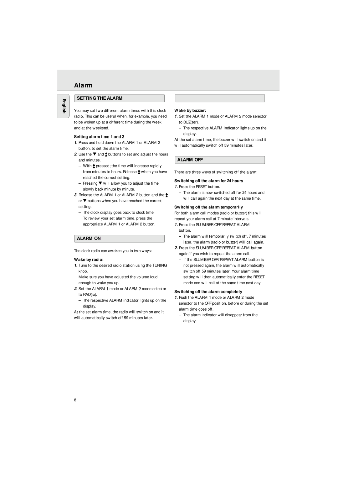 Philips AJ 3140 FAMILY manual Setting the Alarm, Alarm on, Alarm OFF 