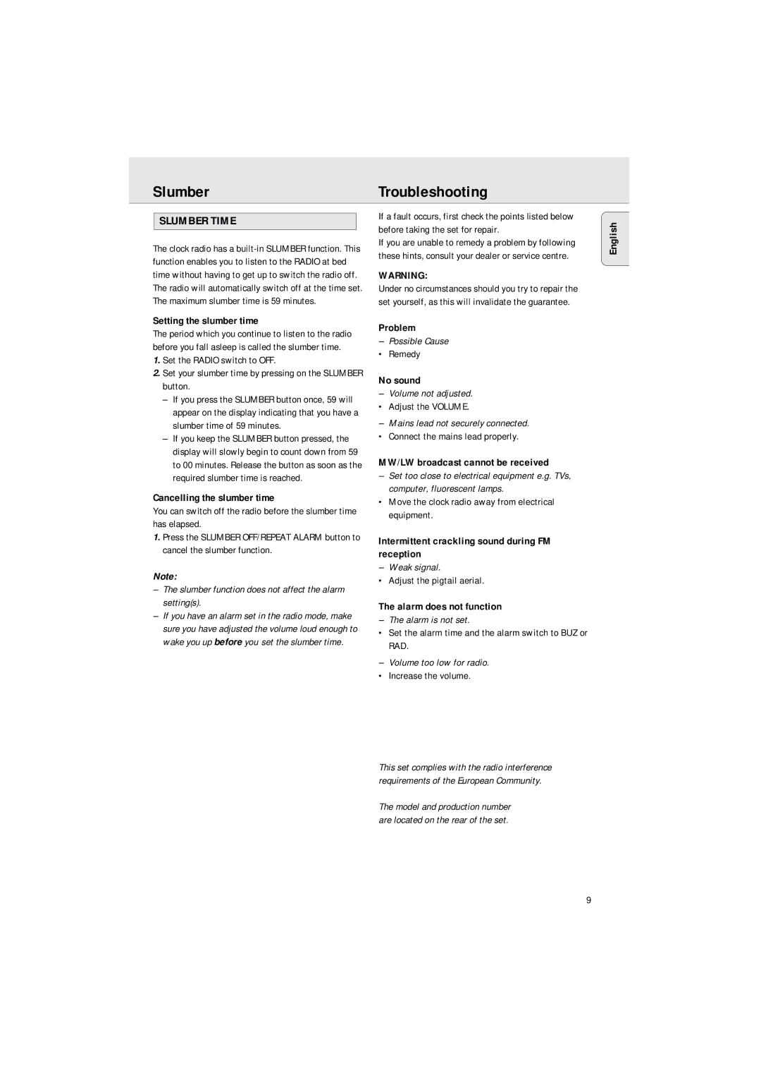 Philips AJ 3140 FAMILY manual SlumberTroubleshooting, Slumber Time 